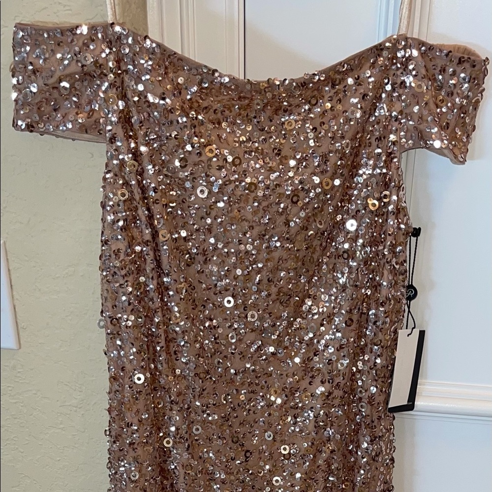 Adriana Papell OFF THE SHOULDER SEQUIN BEADED GOWN